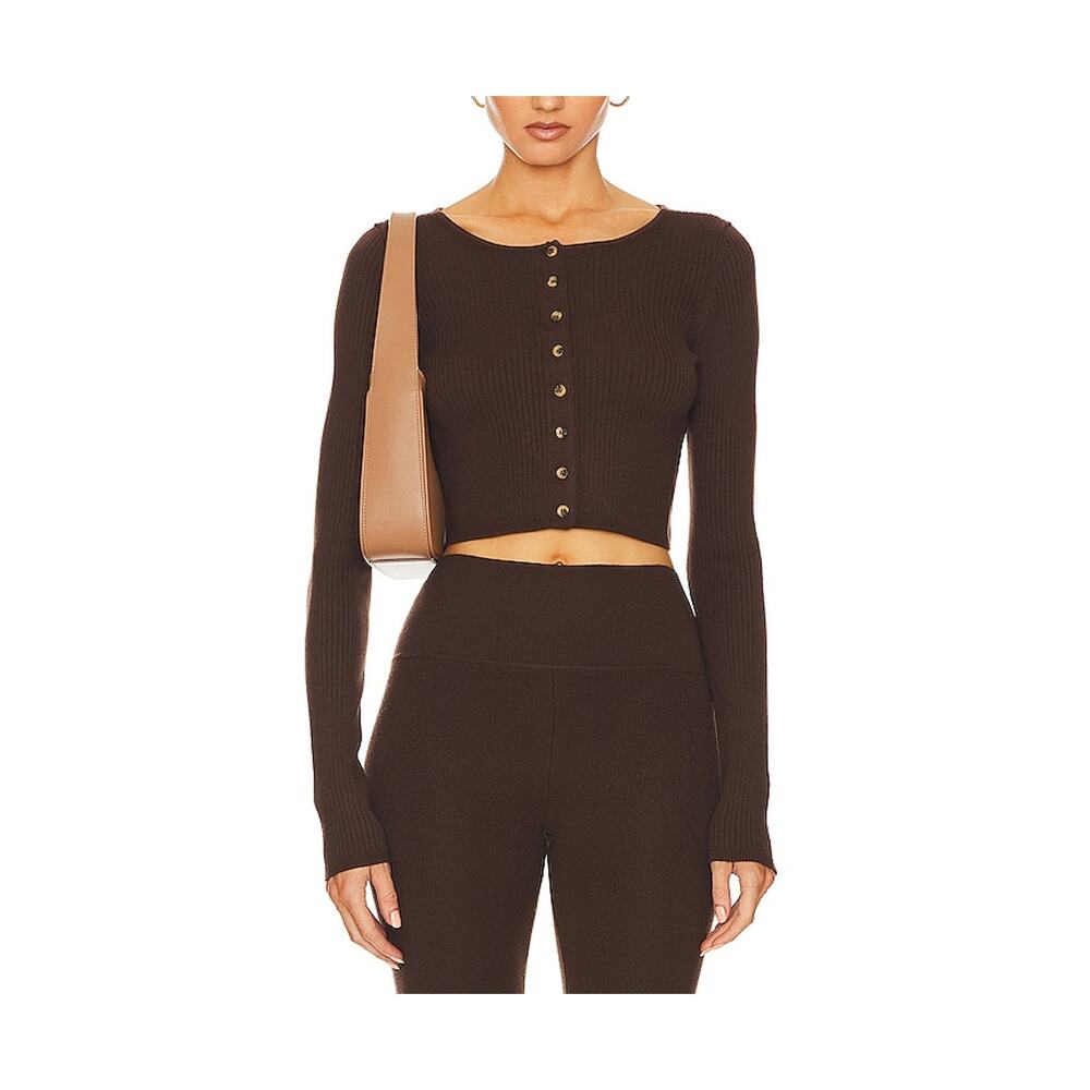 Cropped Rib-Knit Button Front Cardigan - Brown